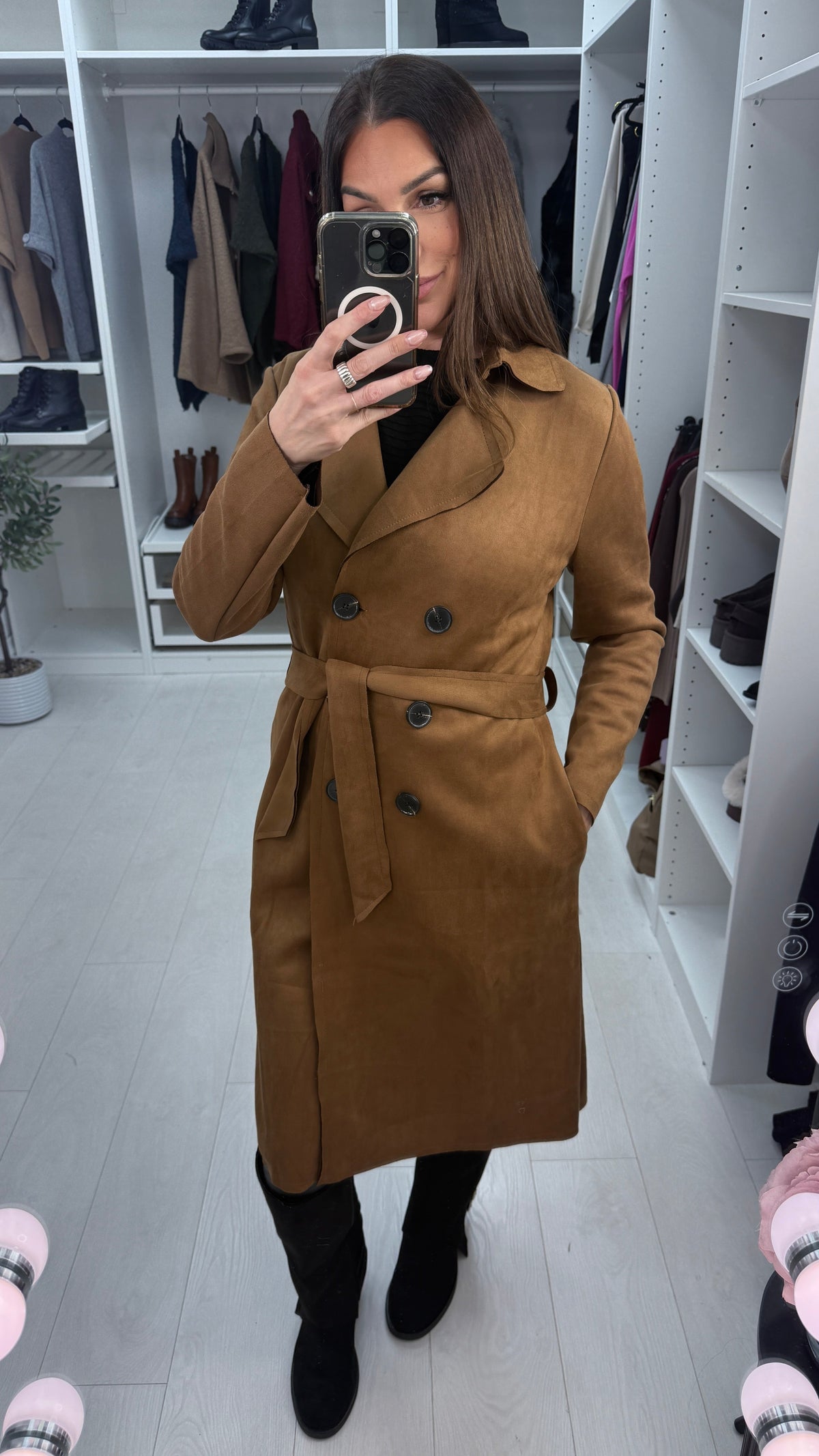 Amaia Plain Suede Belted Longline Coat