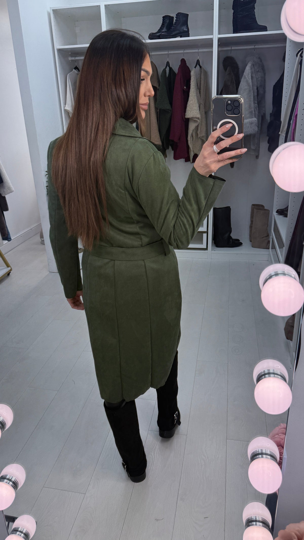 Amaia Plain Suede Belted Longline Coat
