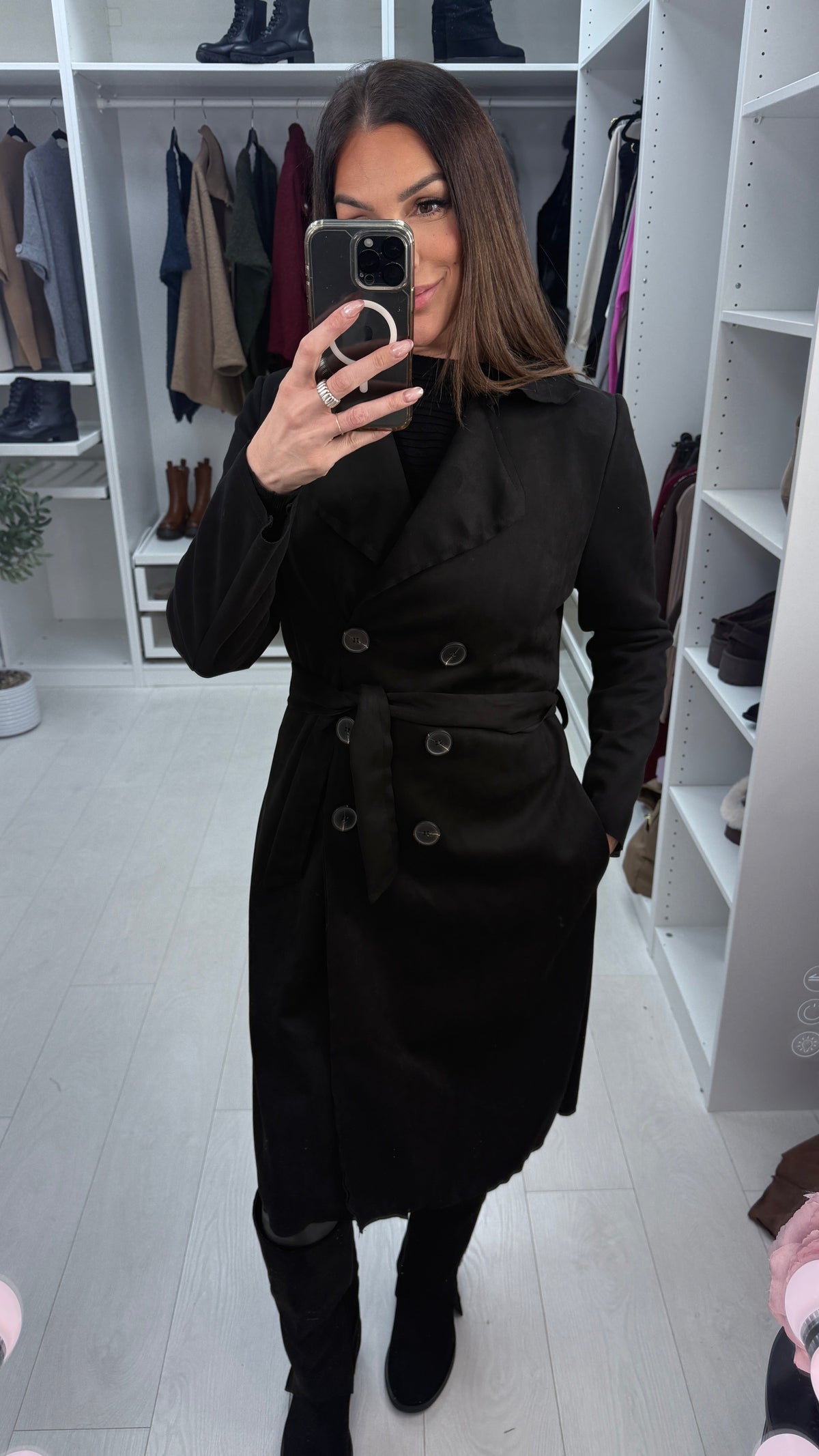 Amaia Plain Suede Belted Longline Coat