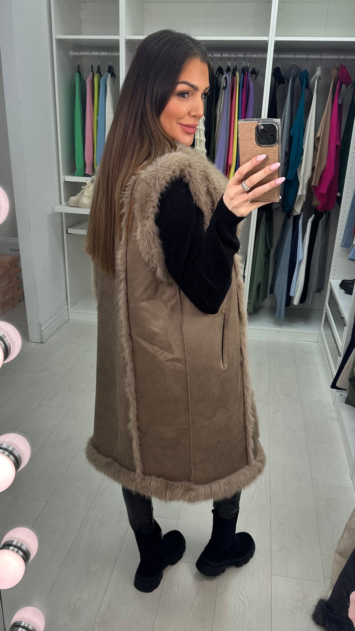 Emilie Faux Fur/Faux Suede Reversible Longline Gilet