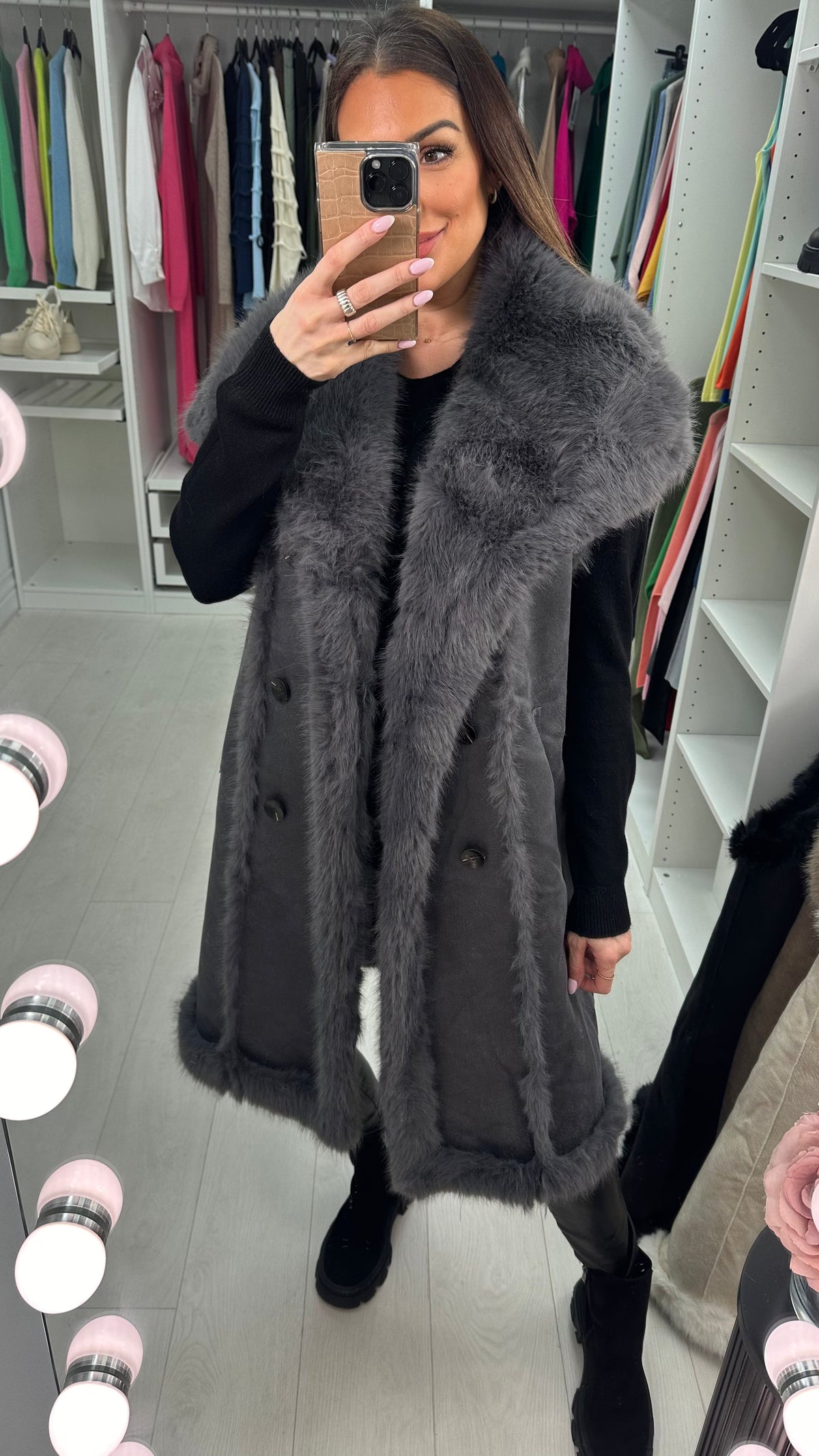 Emilie Faux Fur/Faux Suede Reversible Longline Gilet