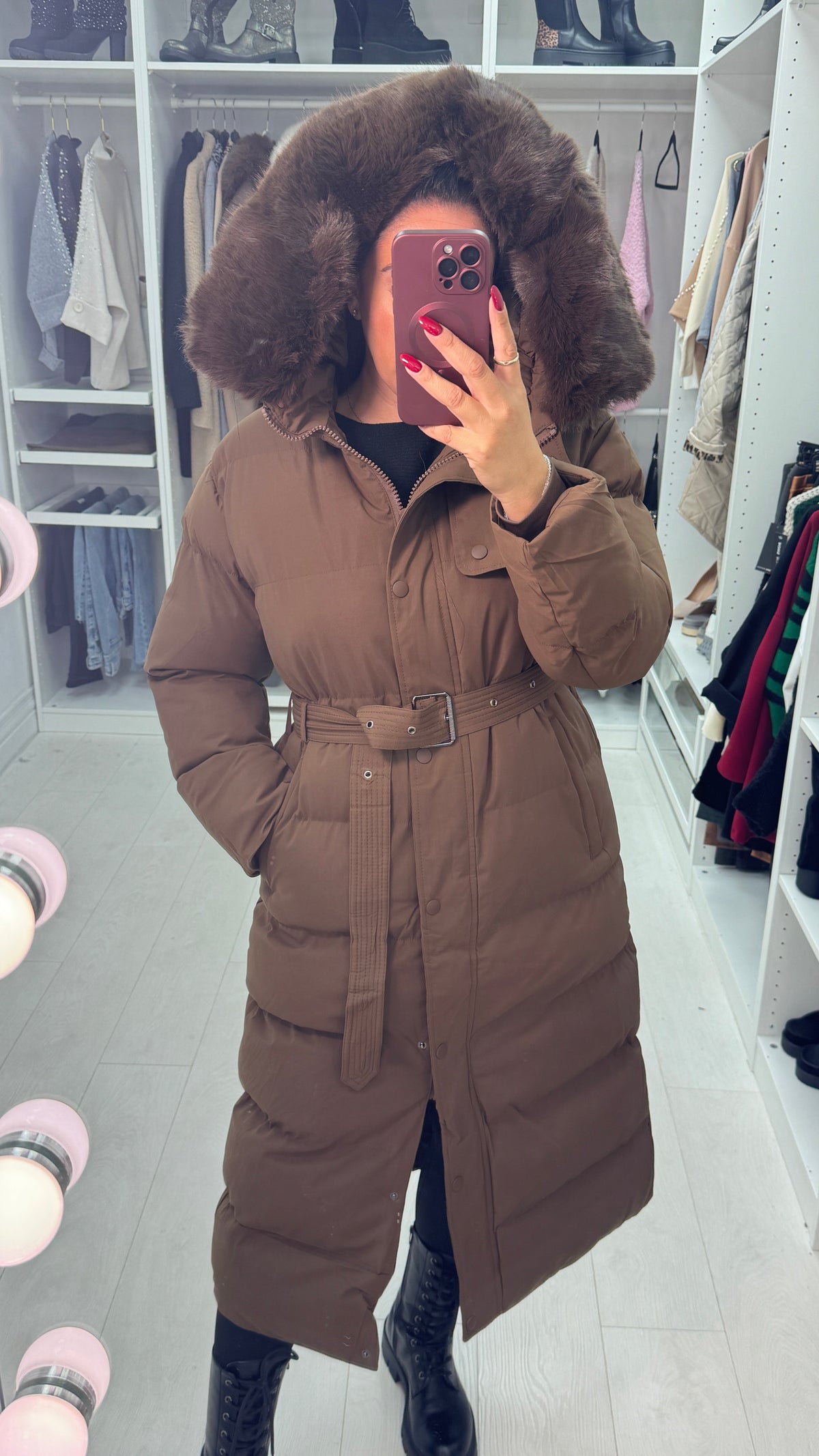 Maddox Chocolate Padded Faux Fur Hooded Coat