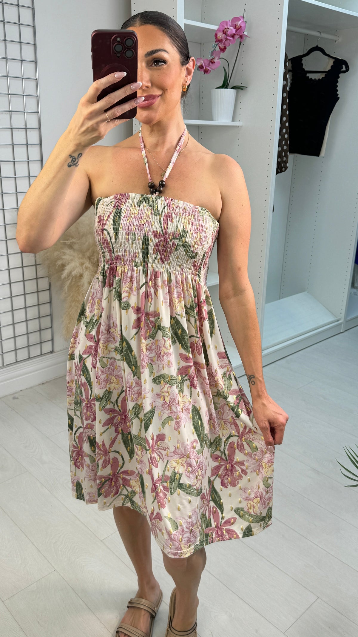 Dannie Floral Print Shirred Bust Magic Midi Dress