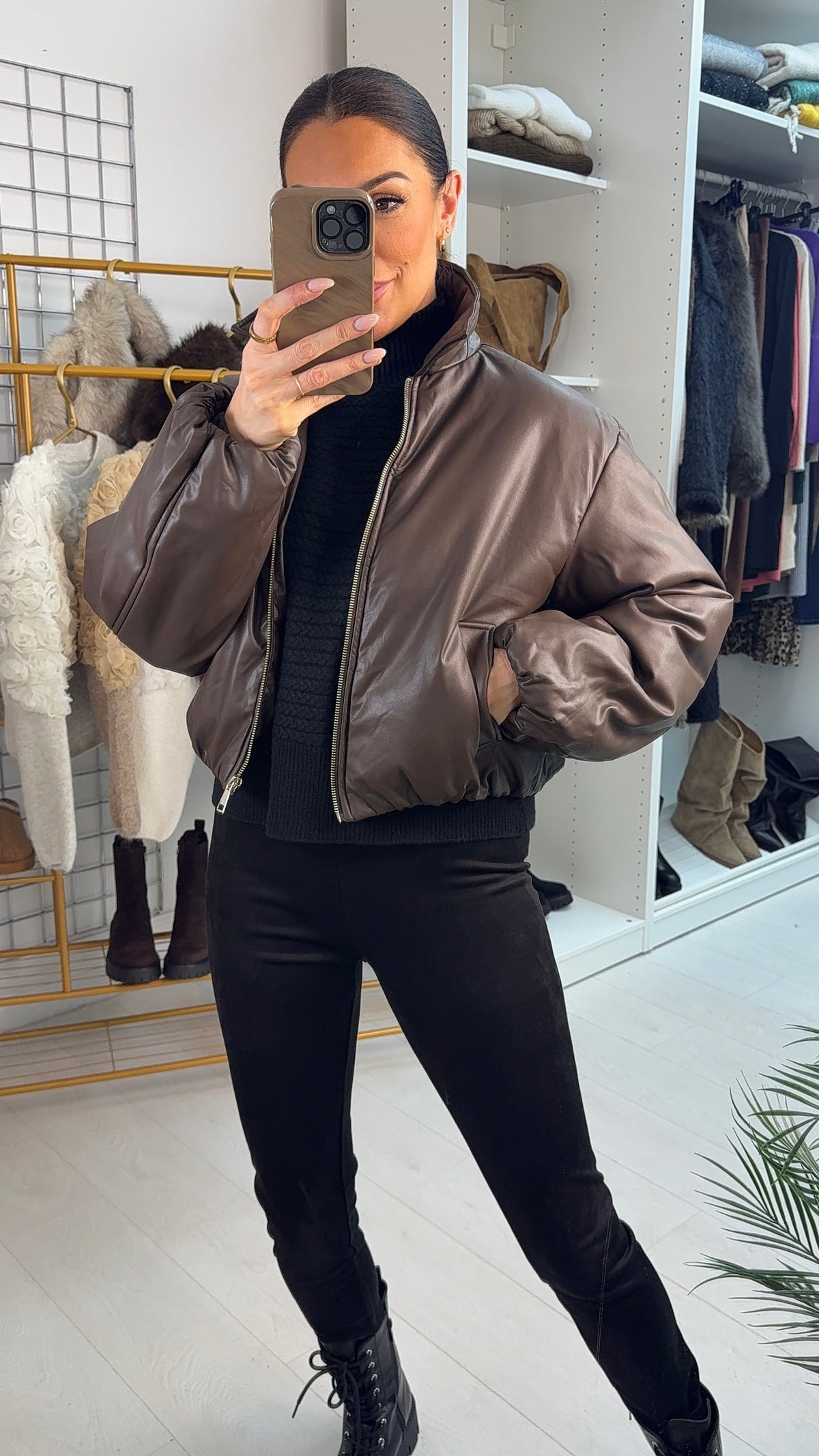 Claudine Faux Leather Padded Bomber Jacket