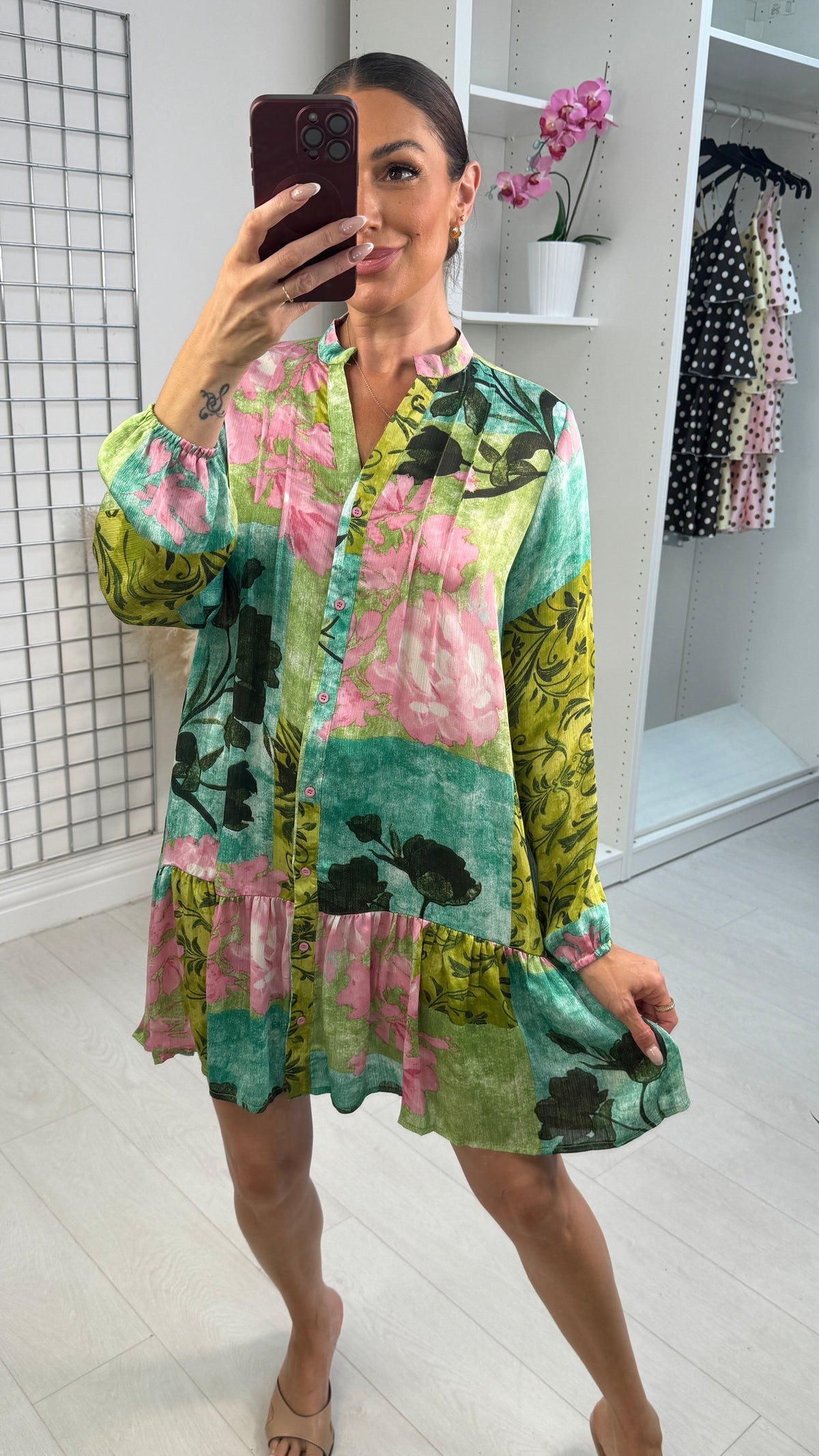 Sirena Floral Print Button Front Smock Dress