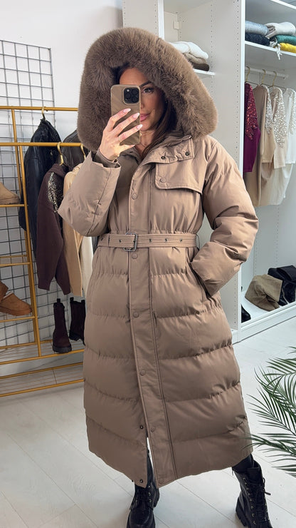 Maddox Mocha Padded Faux Fur Hooded Coat