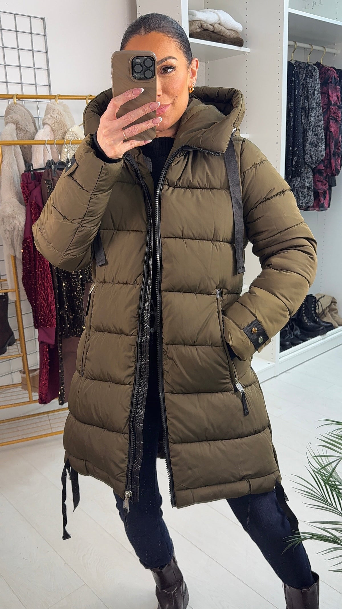 Autumn Khaki Zip Detail Hooded Puffer Coat