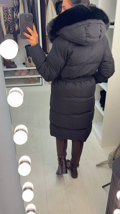 River Faux Fur Hooded Belted Longline Coat