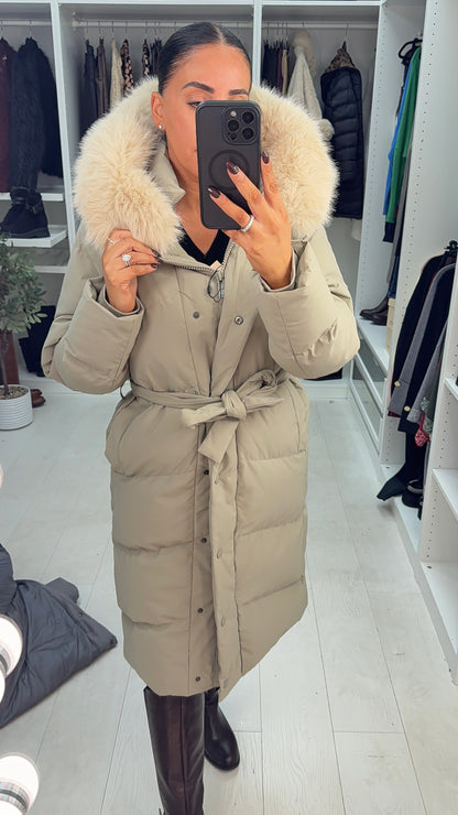 River Faux Fur Hooded Belted Longline Coat