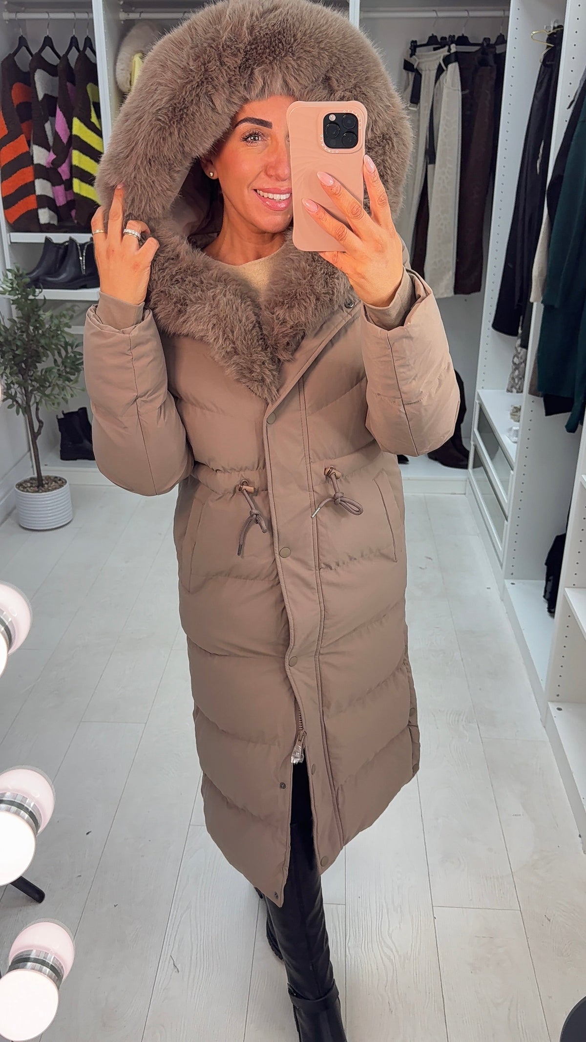 Alberta Mocha Padded Faux Fur Hooded Coat