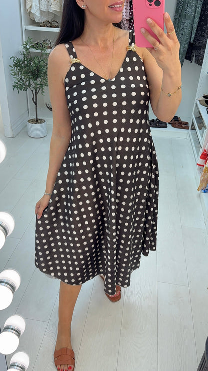 Brinley Polka Buckle Detail Midi Dress