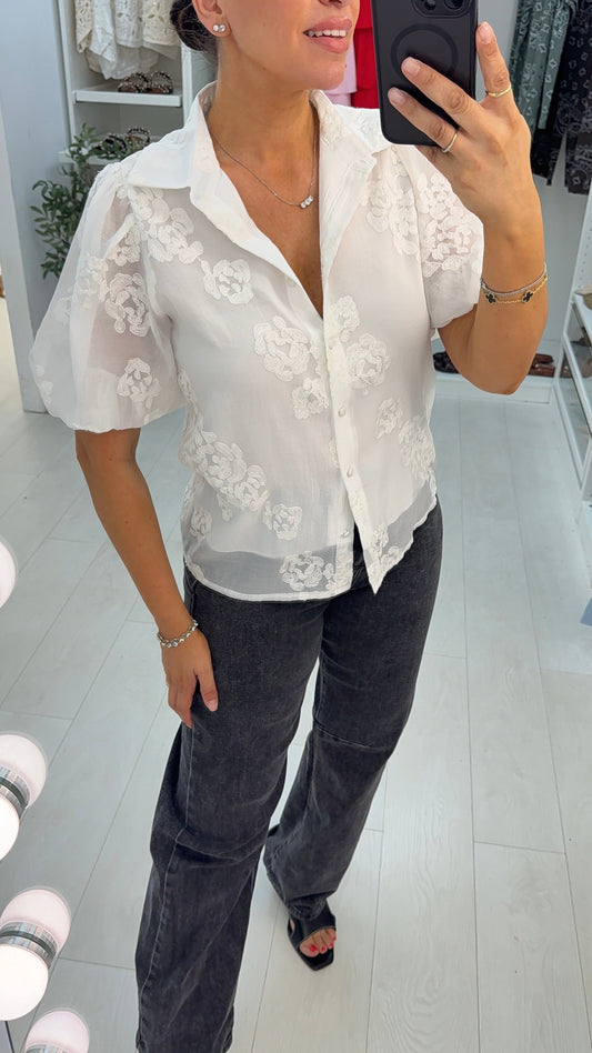 Isayla Floral Embroidered Balloon Sleeve Shirt