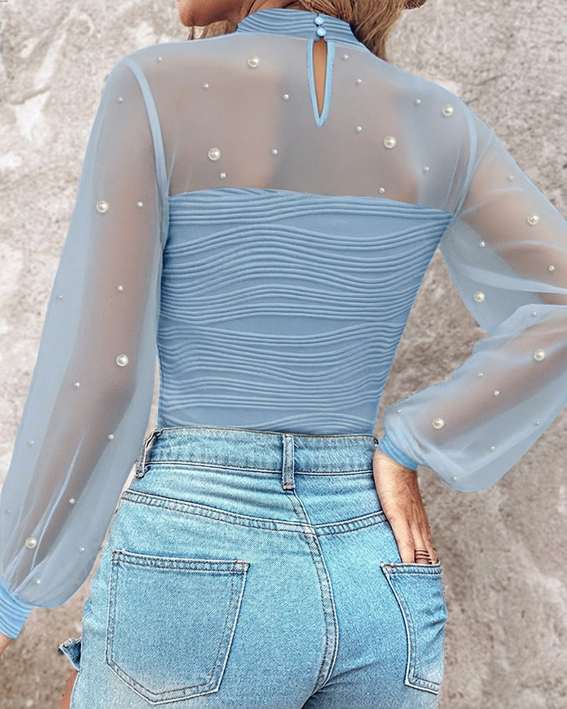 Pearls Decor Mock Neck Sheer Mesh Spliced Ruched Tee Hollow-out Back Slim Fit Textured Top
