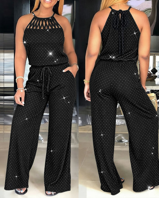 Women's Rhinestone Halter Tie Jumpsuit Casual Hollow Out Wide Leg Overalls Sparkling Drawstring Waist Jumpsuit with Pockets