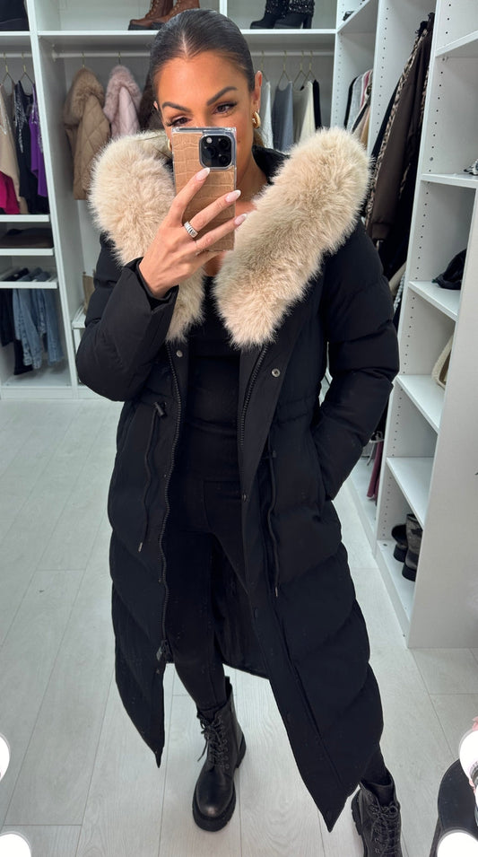 Alberta Black/Beige Padded Faux Fur Hooded Coat