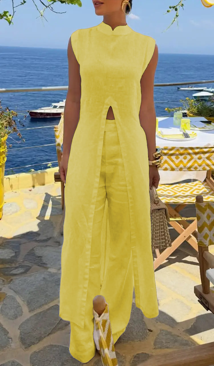 Womens Round Neck Long Top+ Pants Solid Color Casual Suit