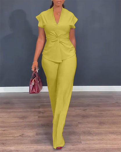 2 Pieces Outfit V-Neck Short Sleeve Twist Front Zipper Back Top and Straight Leg Pants Set Casual Commuting Set