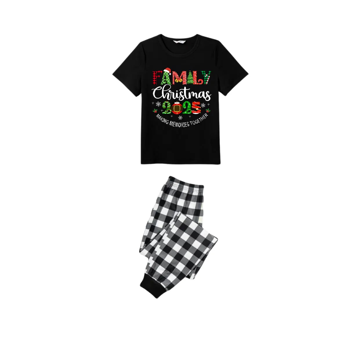 Making Memories Together Family Christmas 2025 Pajamas Set - Black Top Black and White Plaid Pants Colorful Christmas Graphic