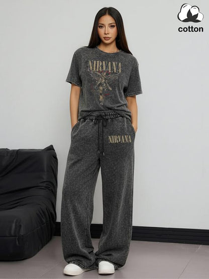 Women's Rock Style "NIRVANA" Graphic Print Cotton Co-ord Set, Vintage Distressed Short Sleeve T-shirt and Trousers Two-piece Set Outfit, Casual Round Neck T-shirt and Elastic Trousers, Summer Everyday Wear