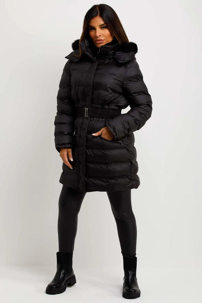 Puffer Padded Coat With Fur Hood And Belt Black