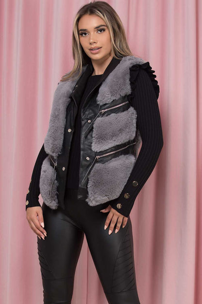 Faux Fur Faux Leather Gilet Grey