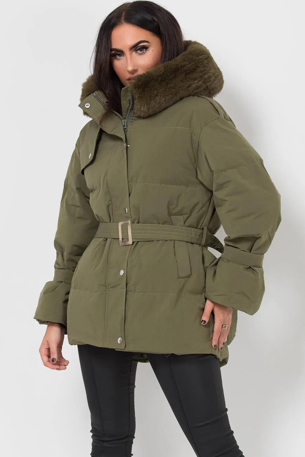 Khaki Puffer Padded Coat With Faux Fur Hood