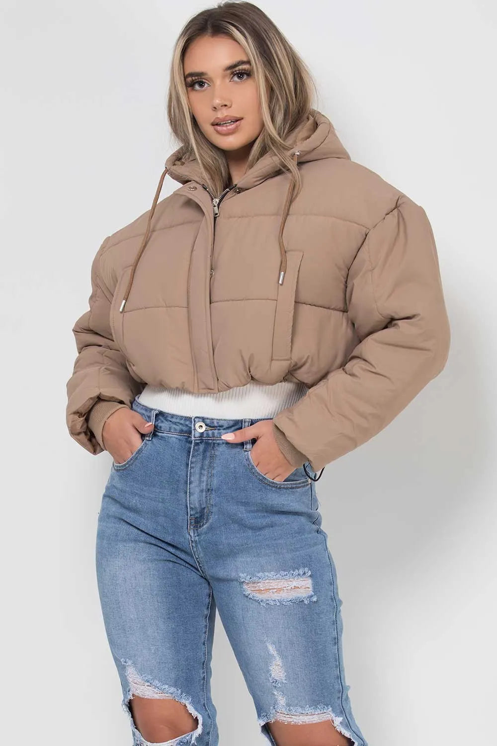 Crop Puffer Jacket With Hood Beige