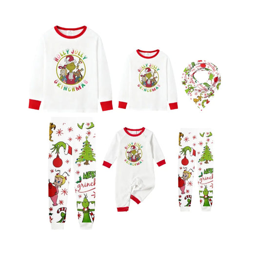 Family Christmas White Pajamas Set With Playful Christmas Character Print