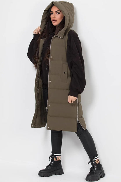 Longline Hooded Gilet Khaki