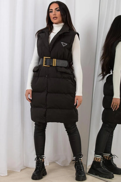 Black Long Puffer Gilet With Lapel Collar & Belt