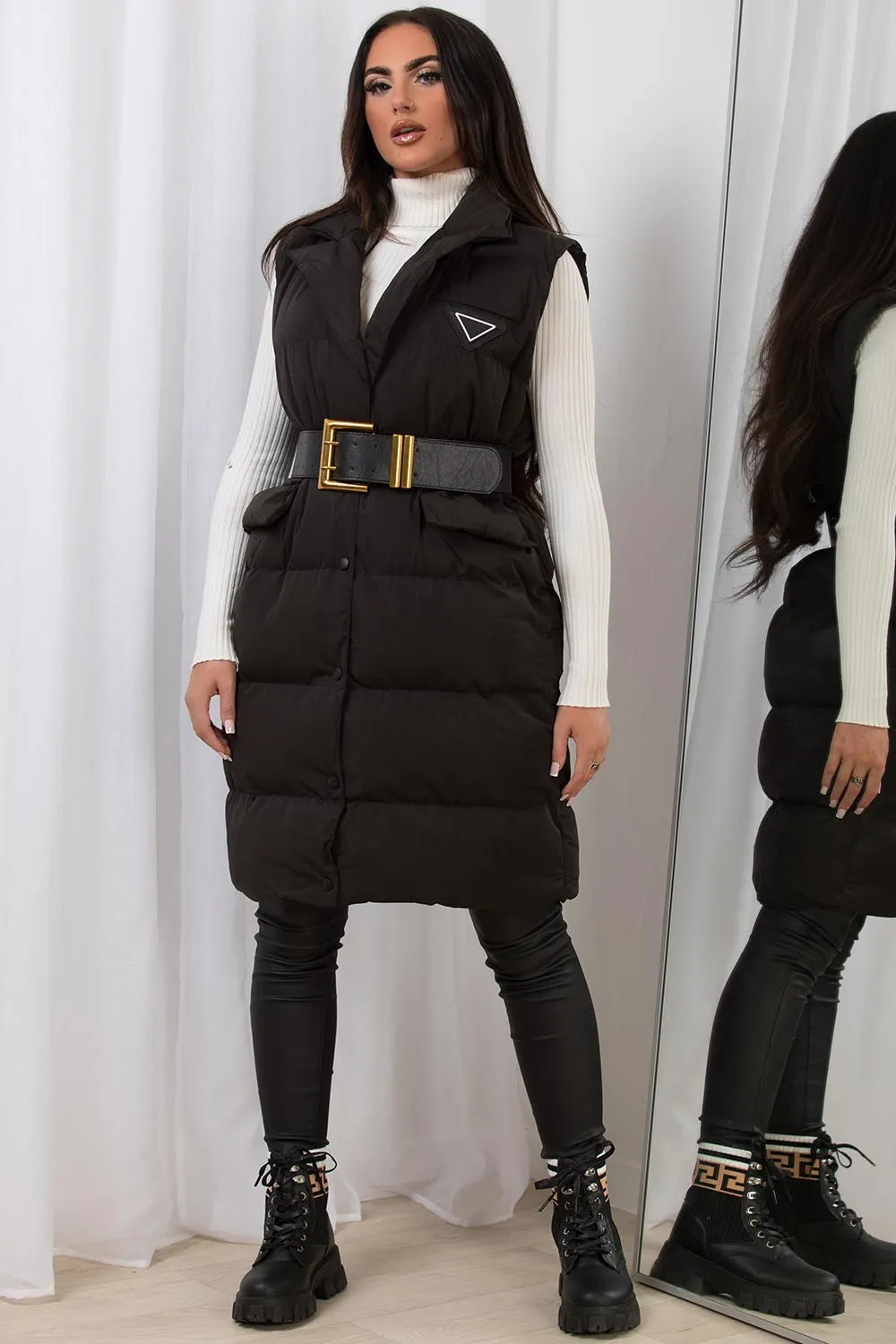 Black Long Puffer Gilet With Lapel Collar & Belt