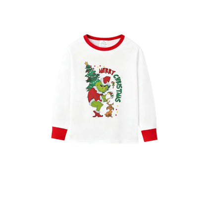 Family Christmas White Pajamas Set With Cute Xmas Pattern Print