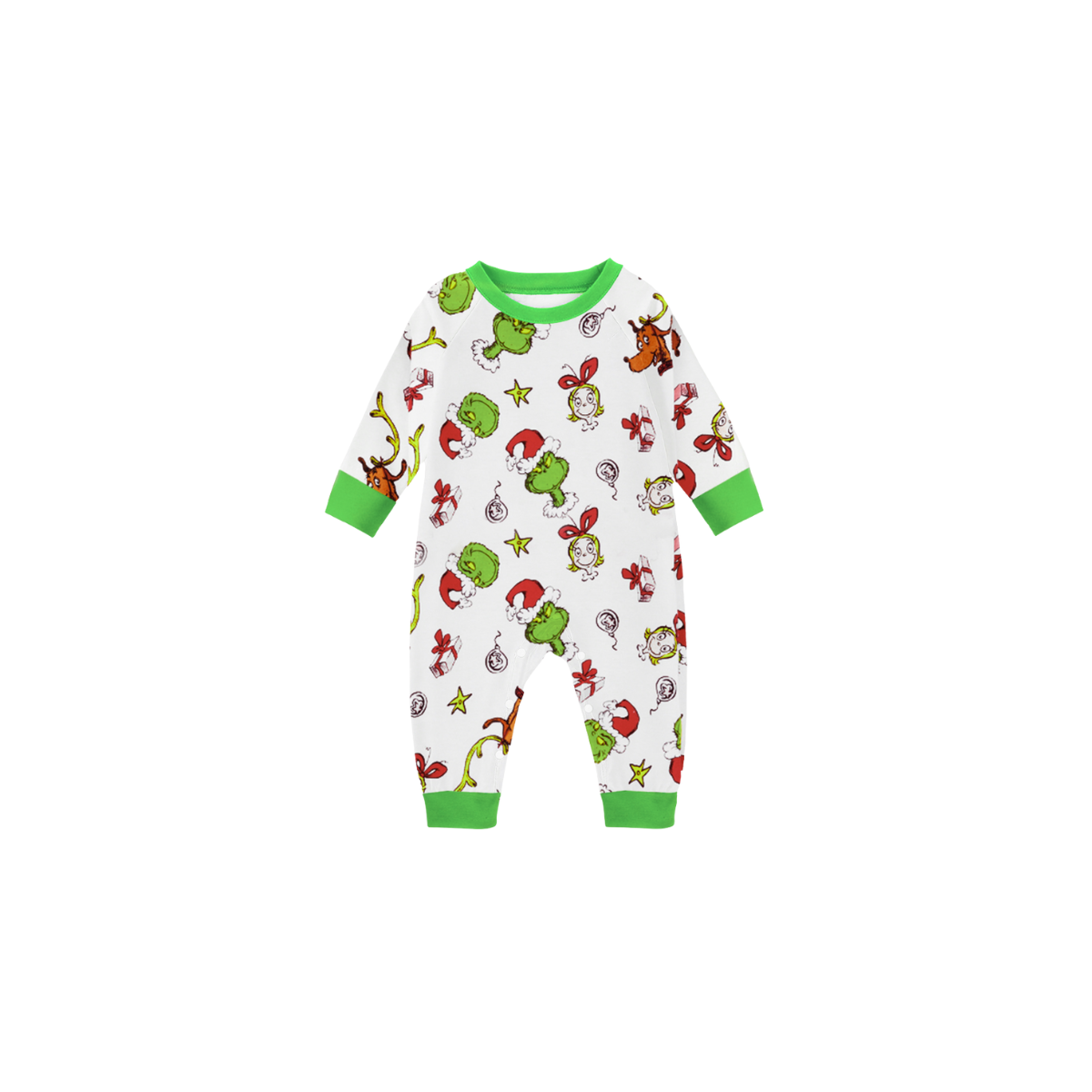 2025 Our Family Christmas Matching Pajamas - Green with Santa & Reindeer Pattern