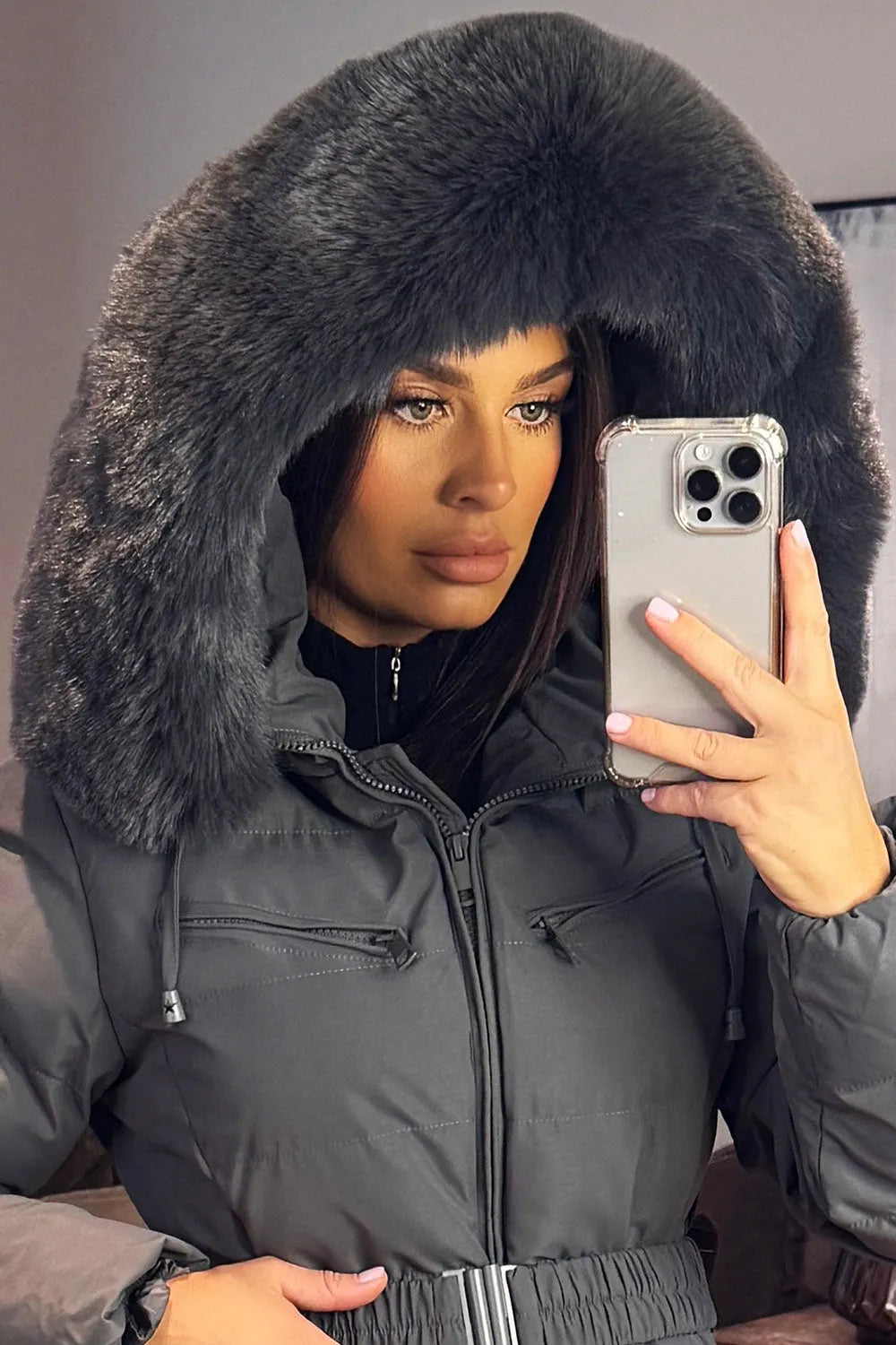 Longline Puffer Padded Coat With Fur Hood And Belt Grey
