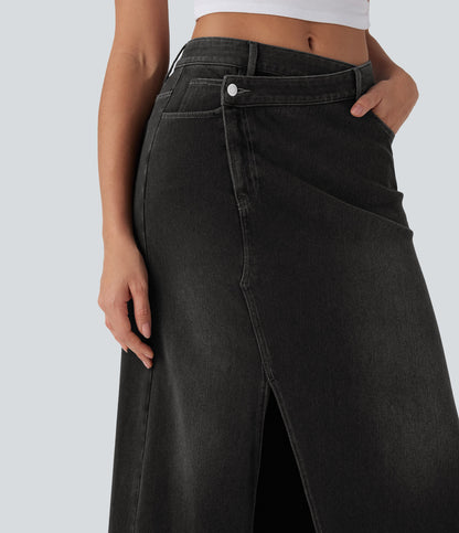 FlexTM Asymmetric Mid Rise Denim Maxi Casual Skirt with Pockets