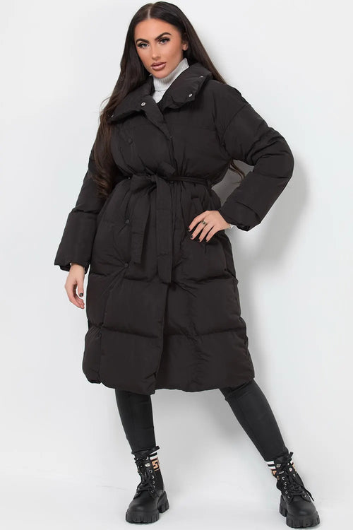 Long Duvet Puffer Coat With Waist Belt Black