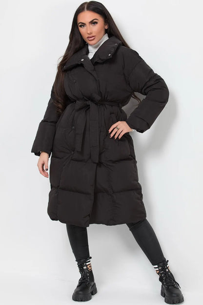 Long Duvet Puffer Coat With Waist Belt Black