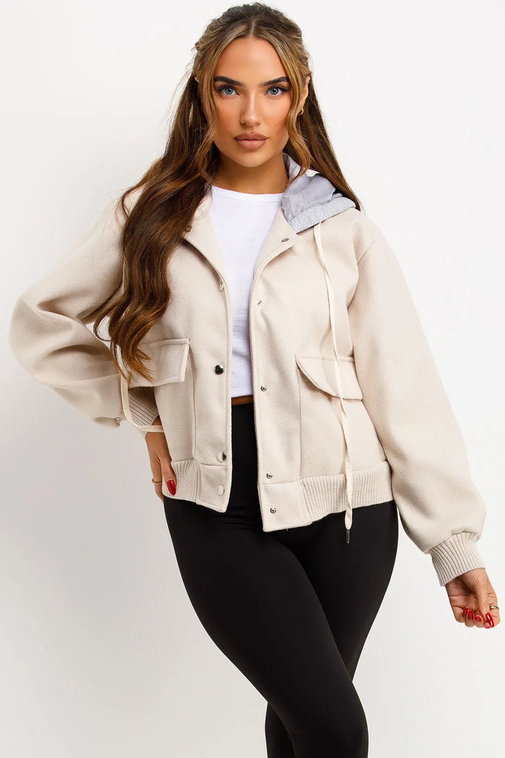 Bomber Baseball Jacket With Hood Beige