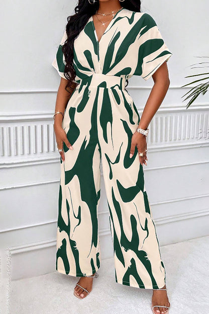 Abstract Print V Neck Short Sleeve High Waist Wide Leg Jumpsuit-Black