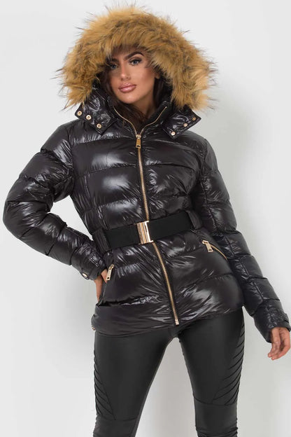 Shiny Puffer Belted Jacket With Faux Fur Hood