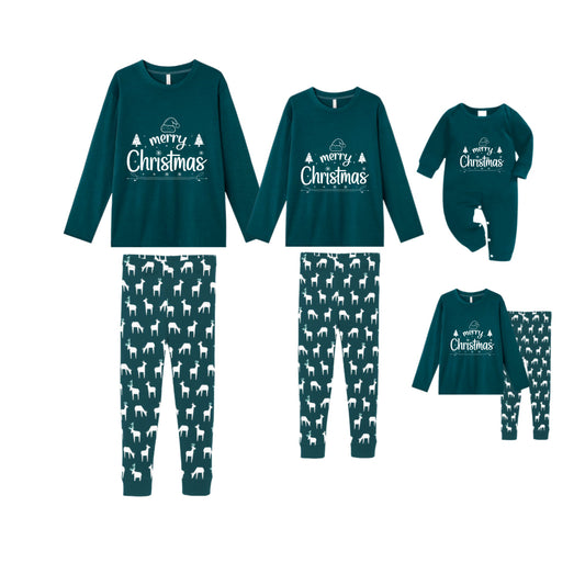 Christmas Family Matching Pajamas-Dark Green&Deer Patterned Pjs Set with "Merry Christmas" Artistic Font Print