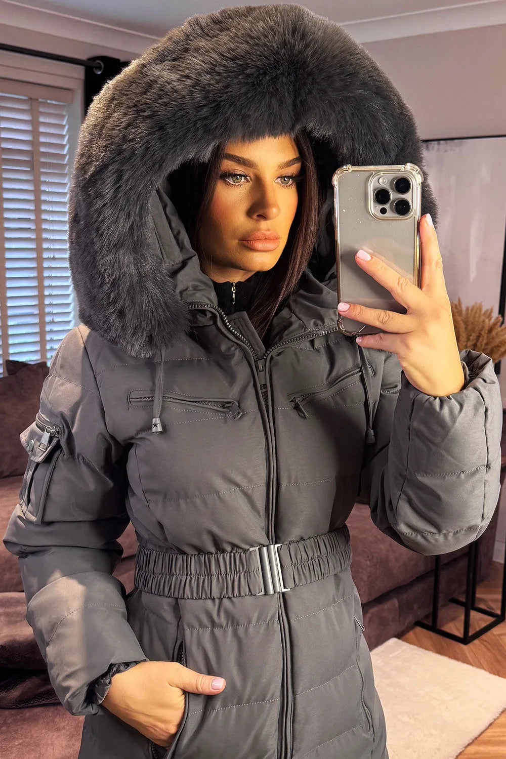 Longline Puffer Padded Coat With Fur Hood And Belt Grey