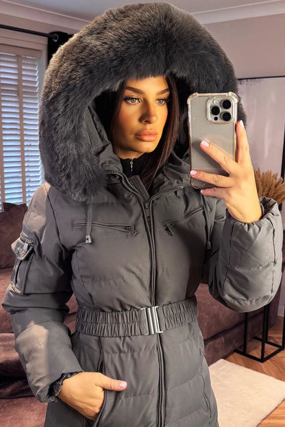 Longline Puffer Padded Coat With Fur Hood And Belt Grey