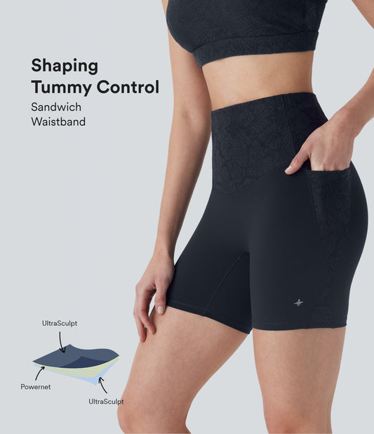 UltraSculptTM SoCinched High Waisted Tummy Control Contrast Lace Training Biker Shorts 5'' with Pockets