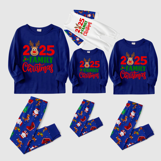 2025 Family Matching Christmas Pajamas -Navy Blue Top & Santa Print Pants