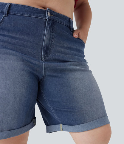 FlexTM High Waisted Multiple Pockets Rolled Hem Washed Stretchy Knit Denim Casual Plus Size Bermuda Shorts
