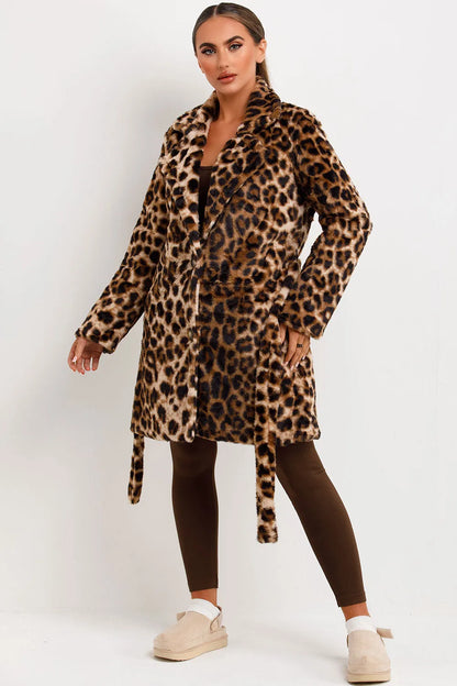 Leopard Print Faux Fur Coat With Belt And Lapel Collar