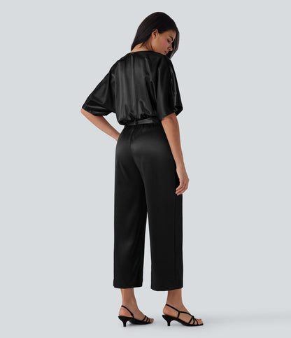 Crossover V Neck Belted Wide Leg Satin-like Work Jumpsuit with Pockets