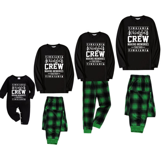 Christmas Family Matching Pajamas-Black Top and Green Plaid Pants Pjs Set with "Christmas Crew" and Christmas Pattern Print