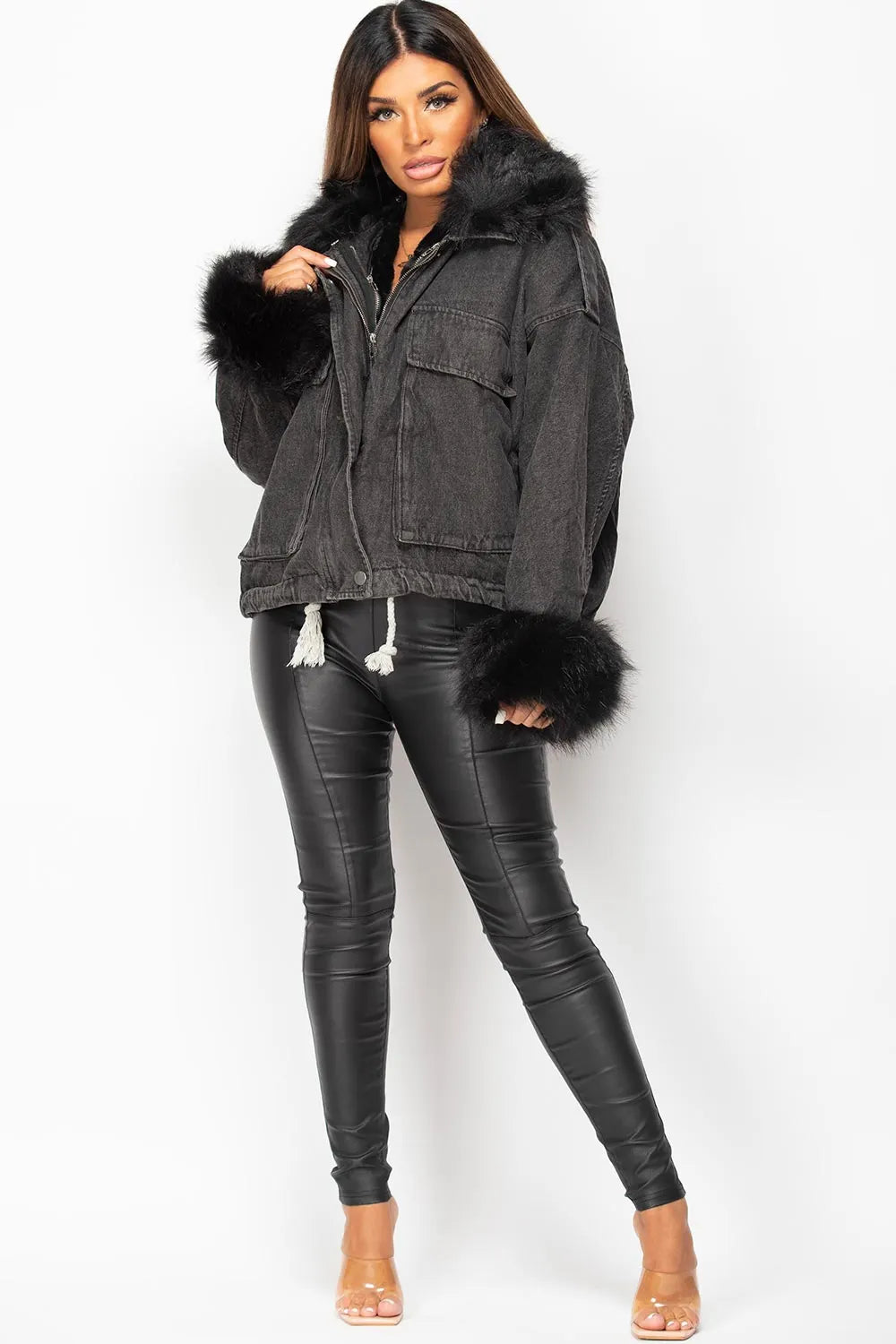 Black Denim Faux Fur Oversized Jacket